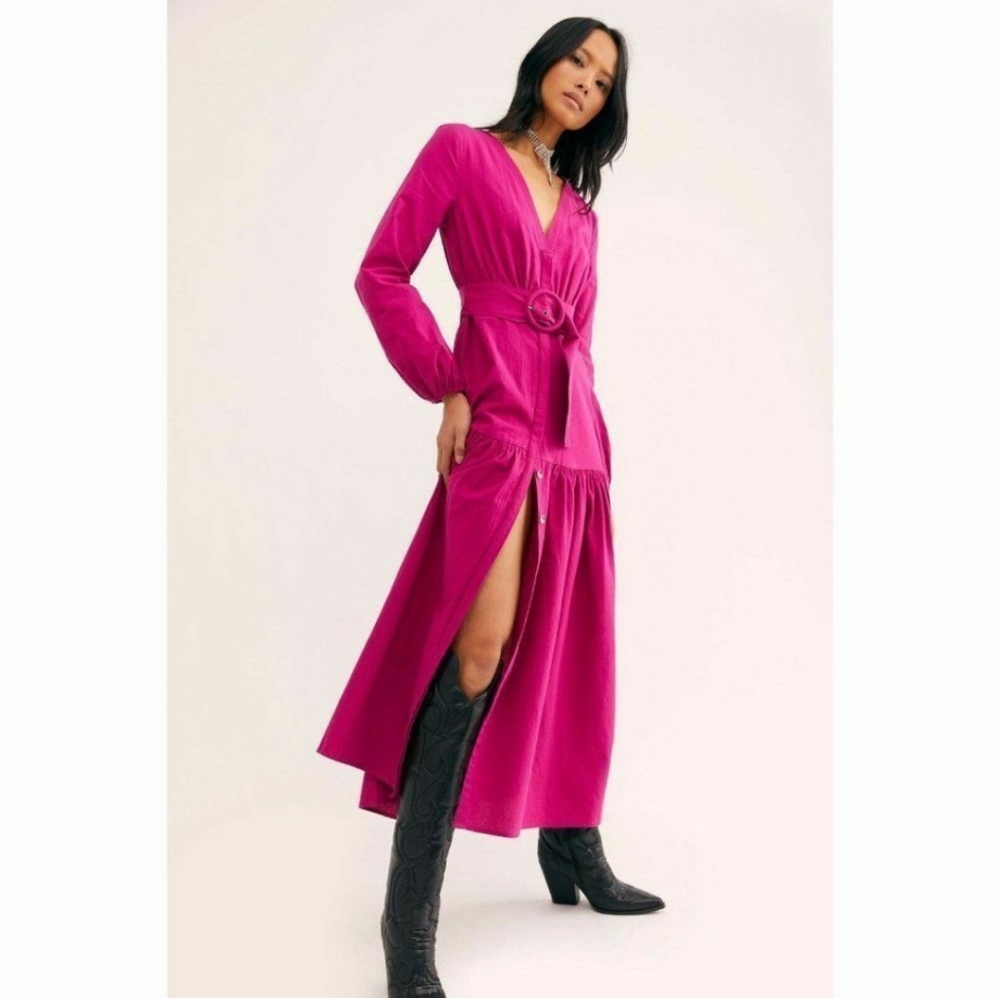 Free People Kendra Tiered Maxi Dress Long Sleeve Belt Button Front Pink Size S